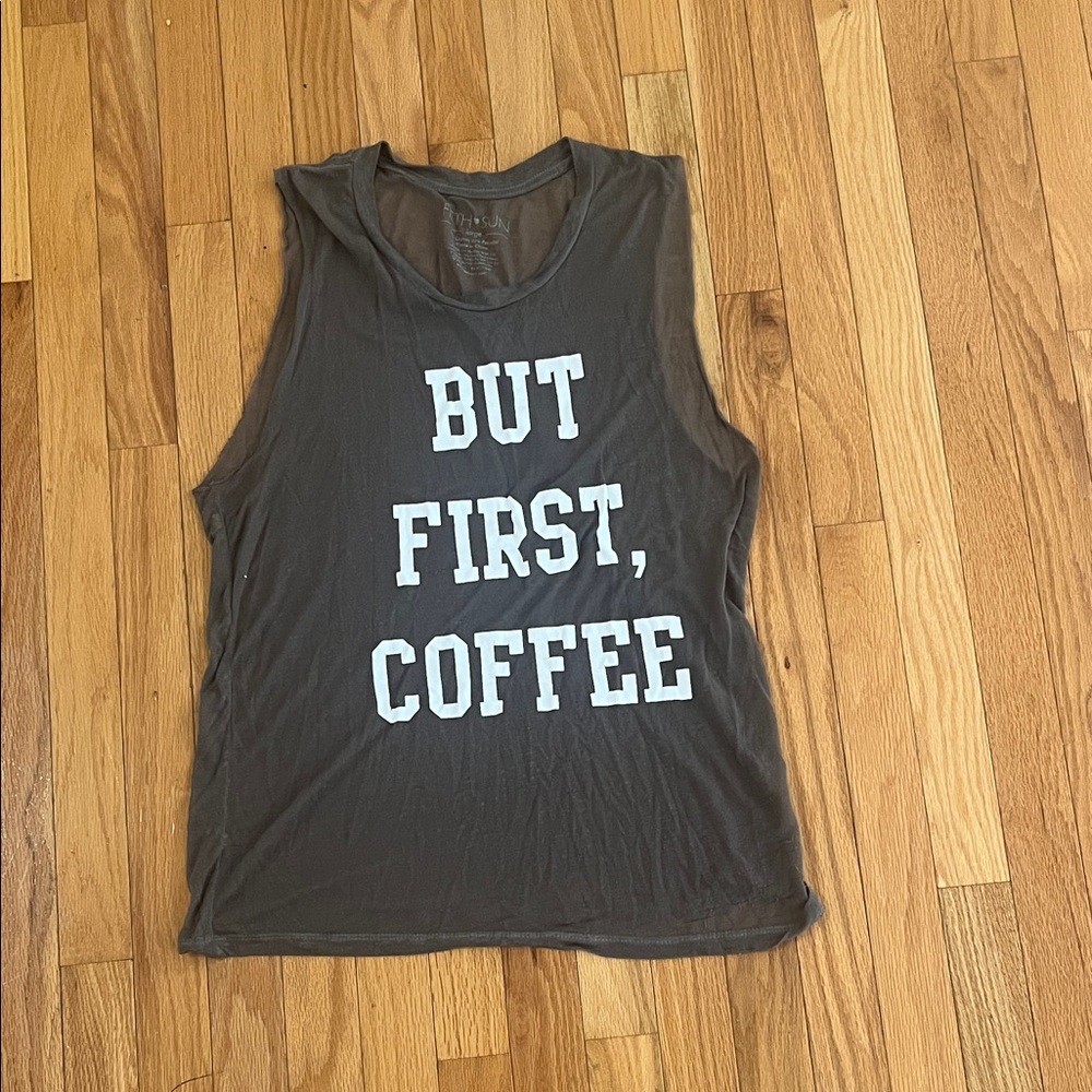 Fifth Sun Dark Brown 'But First, Coffee' Muscle Tee